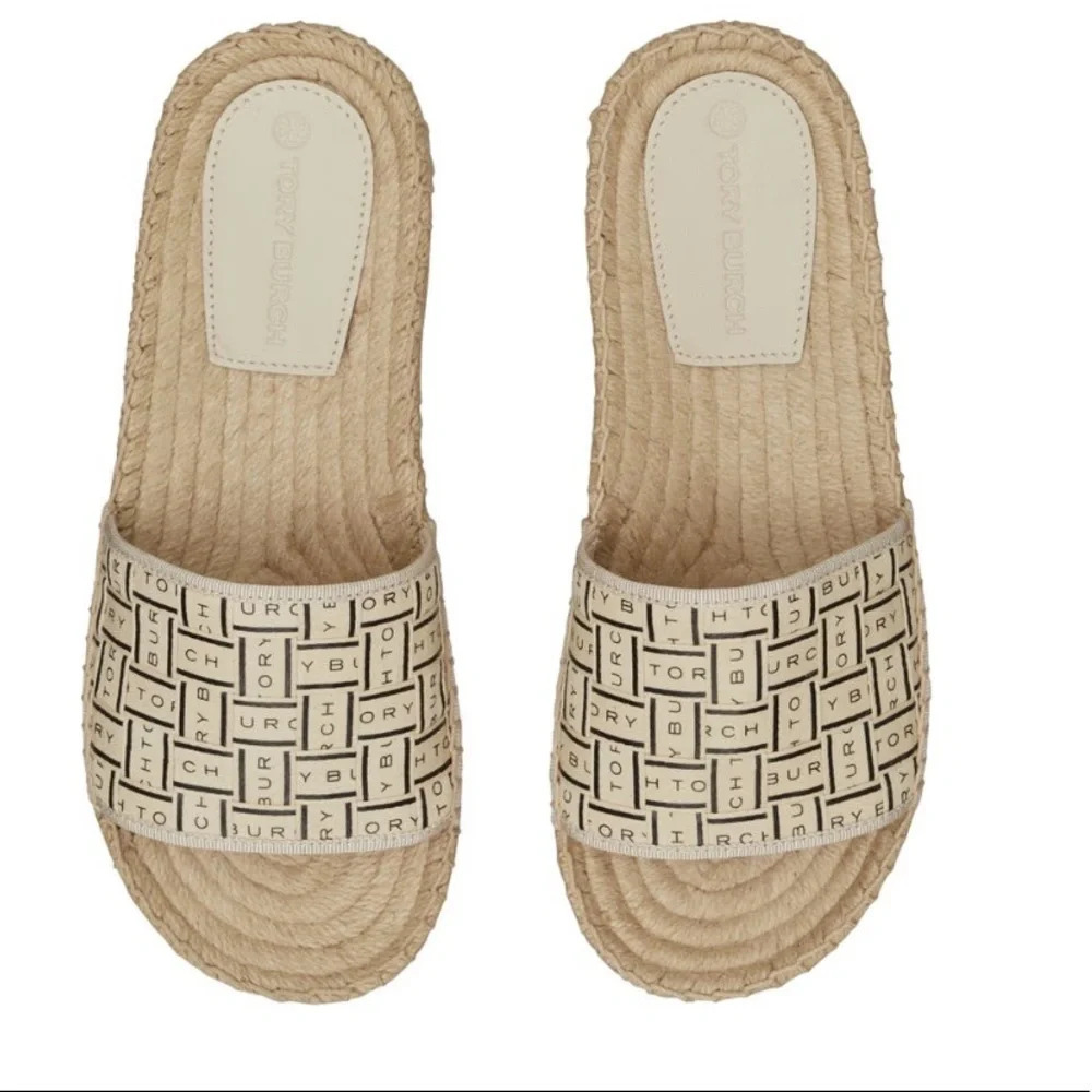 NIB Tory Burch Espadrille Slide in Cream and black Size: 10